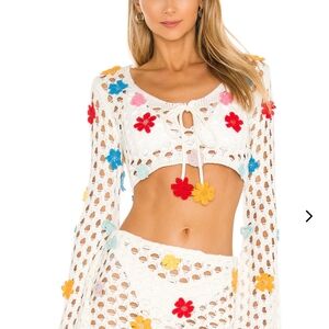 Lovers + Friends White Crochet Top with Multicolor Flowers
